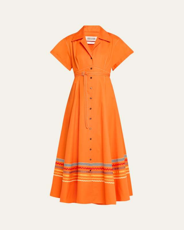 Embroidered Short Sleeve Belted Shirtdress